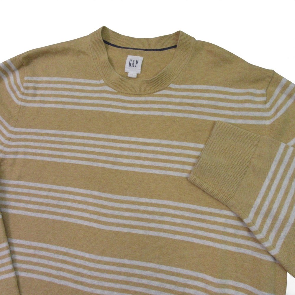 Gap‎ Mens Crew Neck Sweater Pullover L Fitted Tan White Striped Cotton